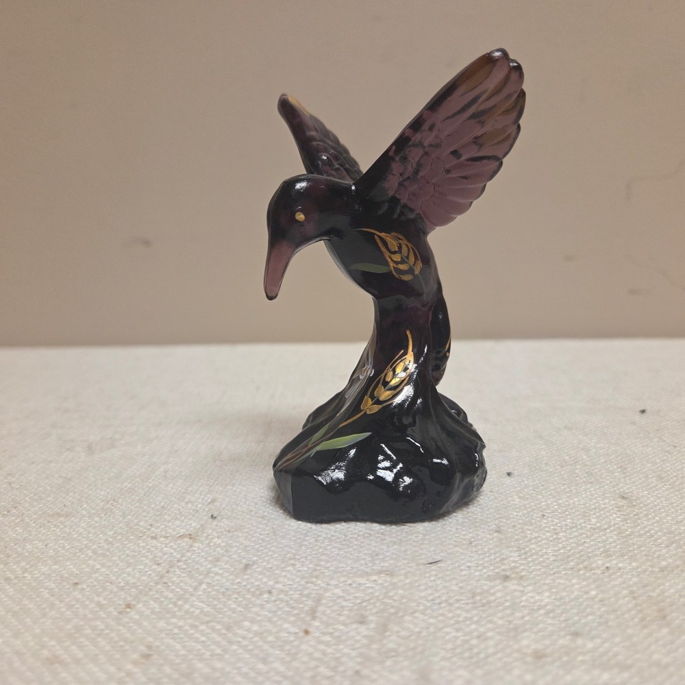 Fenton Black Amethyst Glass Hummingbird Figurine Hand Painted 100 Years